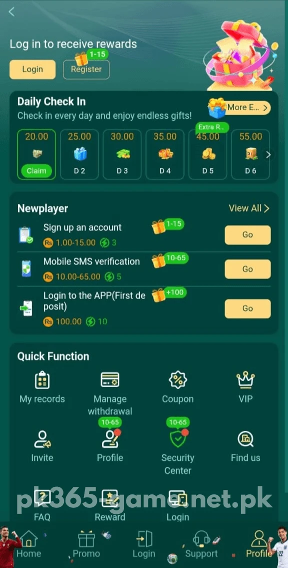 PK365 Game profile screen