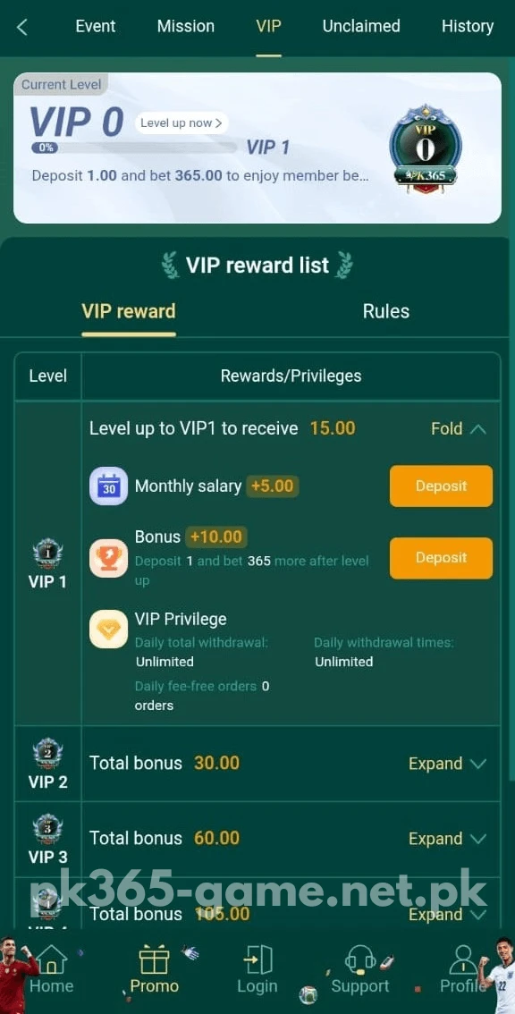 PK365 Game VIP promo screen