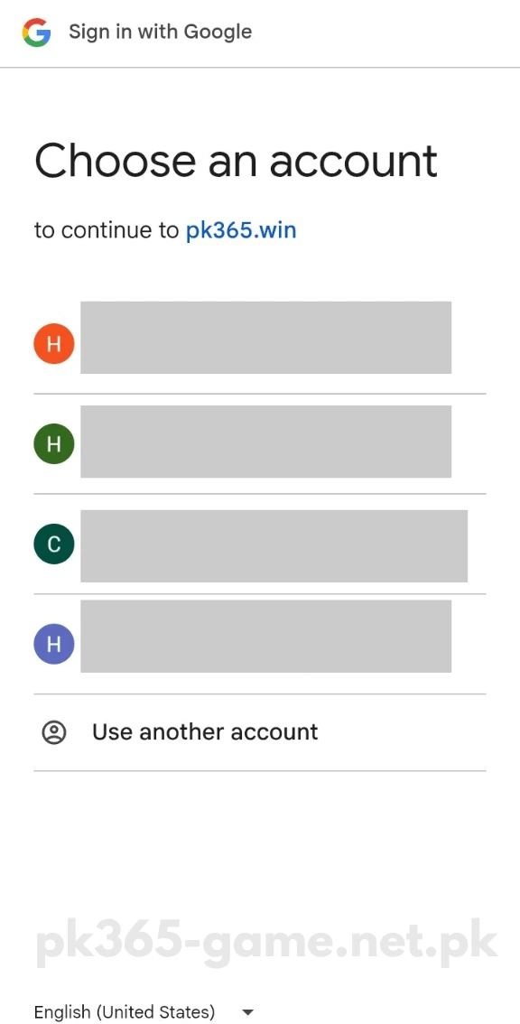 Select your Google account to register with Google on PK365 Game