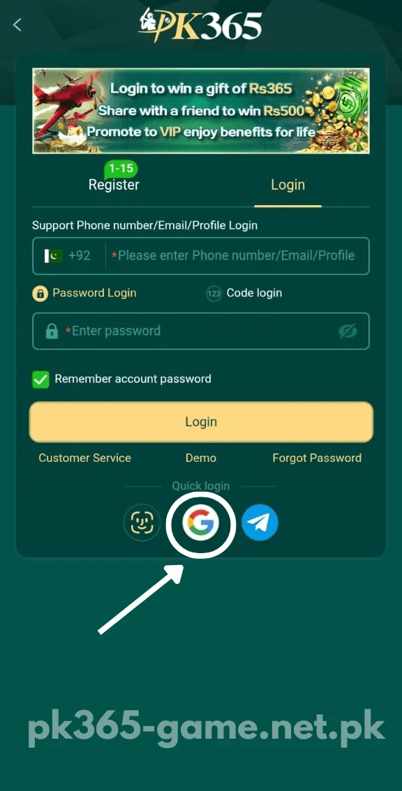 Select the Google icon to login with Google on PK365 Game