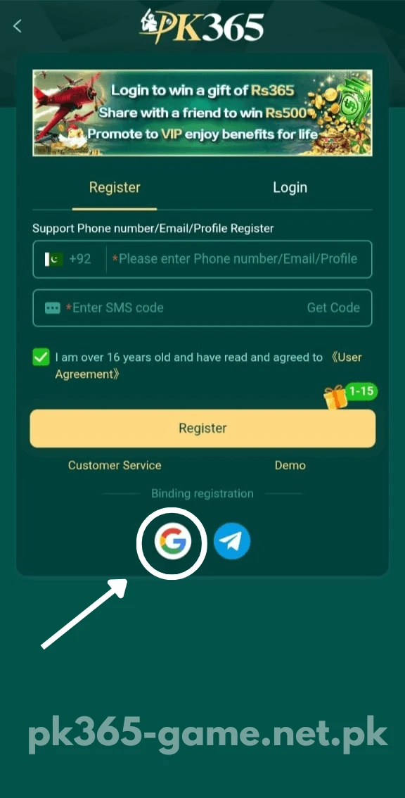 Select the Google icon to register with Google on PK365 Game
